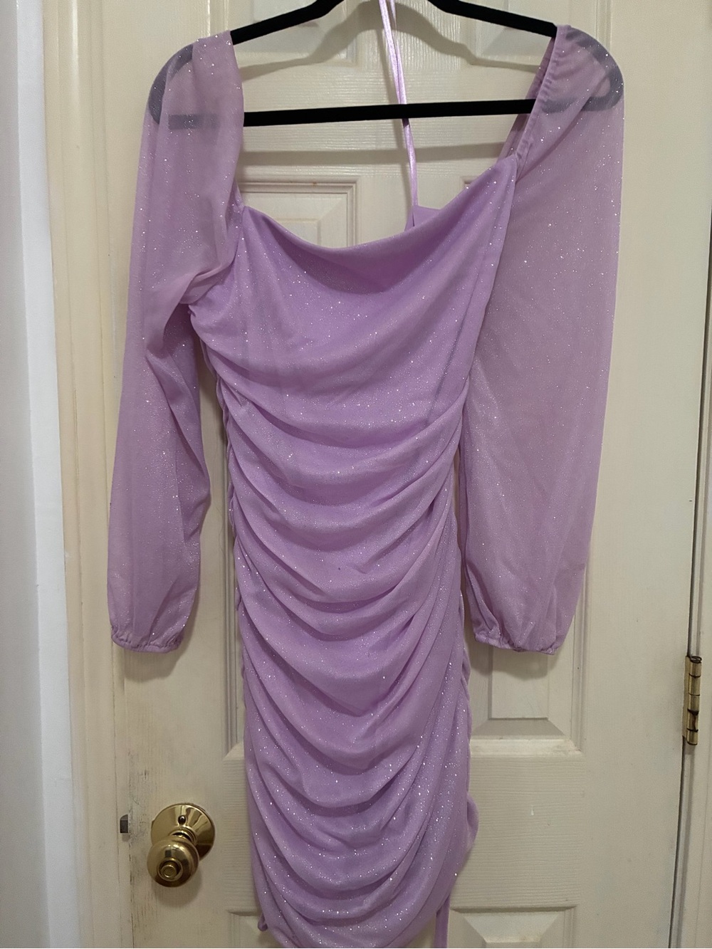 Lilac Sparkle Ruched Long-Sleeve Dress